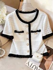 GlowEve Fashionable New Summer Elegant Short Sleeve Round Neck With Metal Button Decor, Ruffle Hem Contrast Color Splice Women Short Blouse - White - View 3