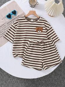 SHEIN LMoss Kids 2pcs Young Girl Knitted Solid Color Round Neck Loose T-Shirt And Fitted Shorts Set - Black and White - View 1