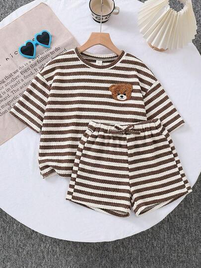 SHEIN LMoss Kids 2pcs Young Girl Knitted Solid Color Round Neck Loose T-Shirt And Fitted Shorts Set