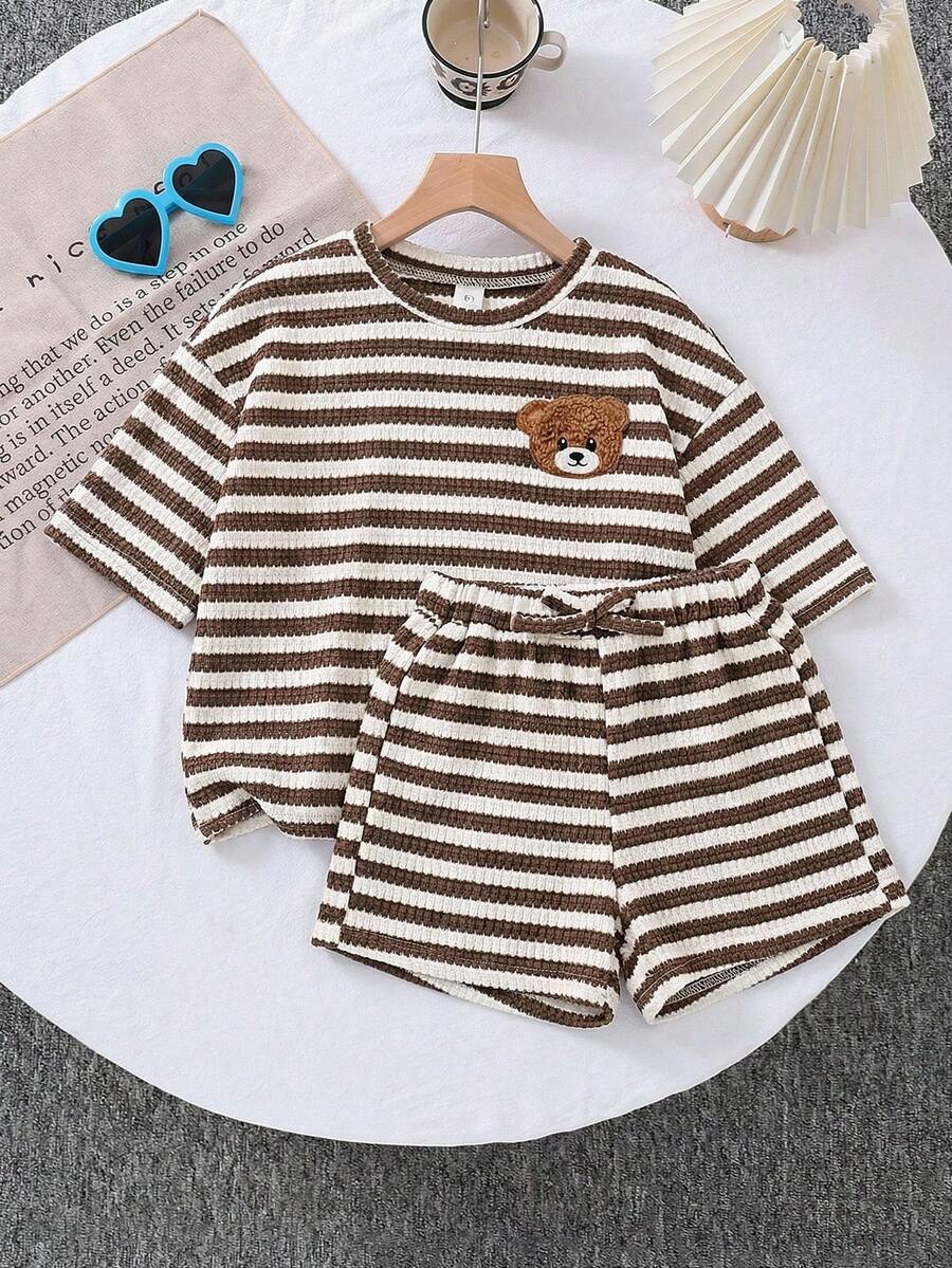 SHEIN LMoss Kids 2pcs Young Girl Knitted Solid Color Round Neck Loose T-Shirt And Fitted Shorts Set - Black and White - View 1