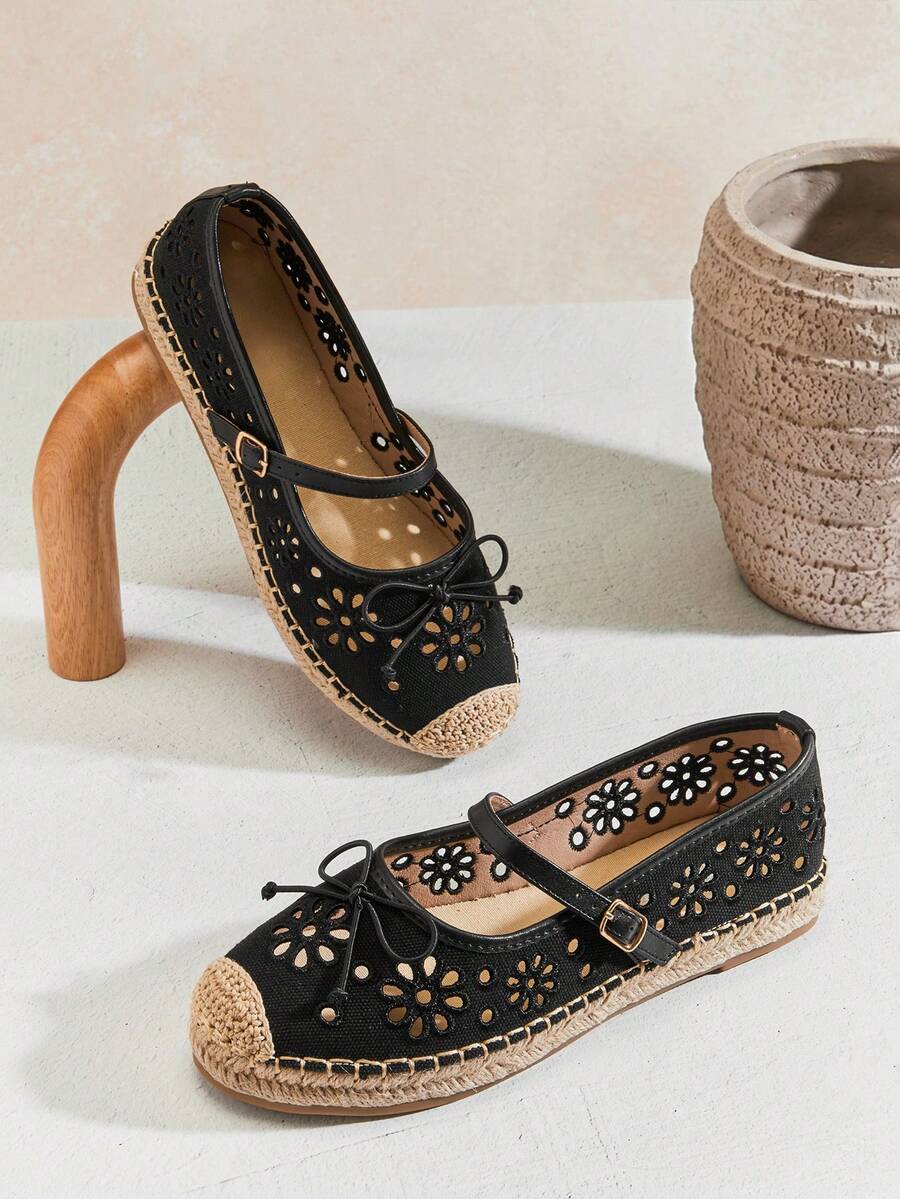 Solezae Women's Elegant Floral Cut-Out Round Toe Mary Jane Flat Espadrilles - Black - View 1