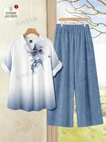 EMERY ROSE Casual Blue And White Plus Size Co-Ord Set Notched Neck Blouse With Roll Up Sleeves And Long Woven Fabric Pants For Summer - Blue and White - View 1