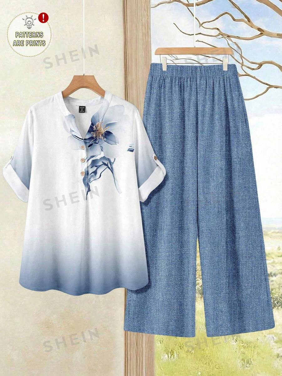 EMERY ROSE Casual Blue And White Plus Size Co-Ord Set Notched Neck Blouse With Roll Up Sleeves And Long Woven Fabric Pants For Summer - Blue and White - View 1