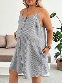 SHEIN 大码孕妇格子纽扣设计休闲吊带裙 - 灰色 - 查看 3