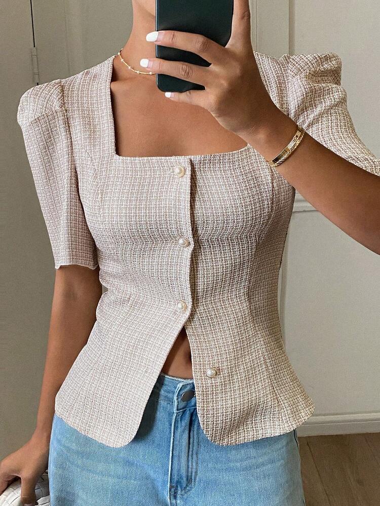 Plaid Collared Petal Sleeve Elegant Formal Summer Blouse For Women