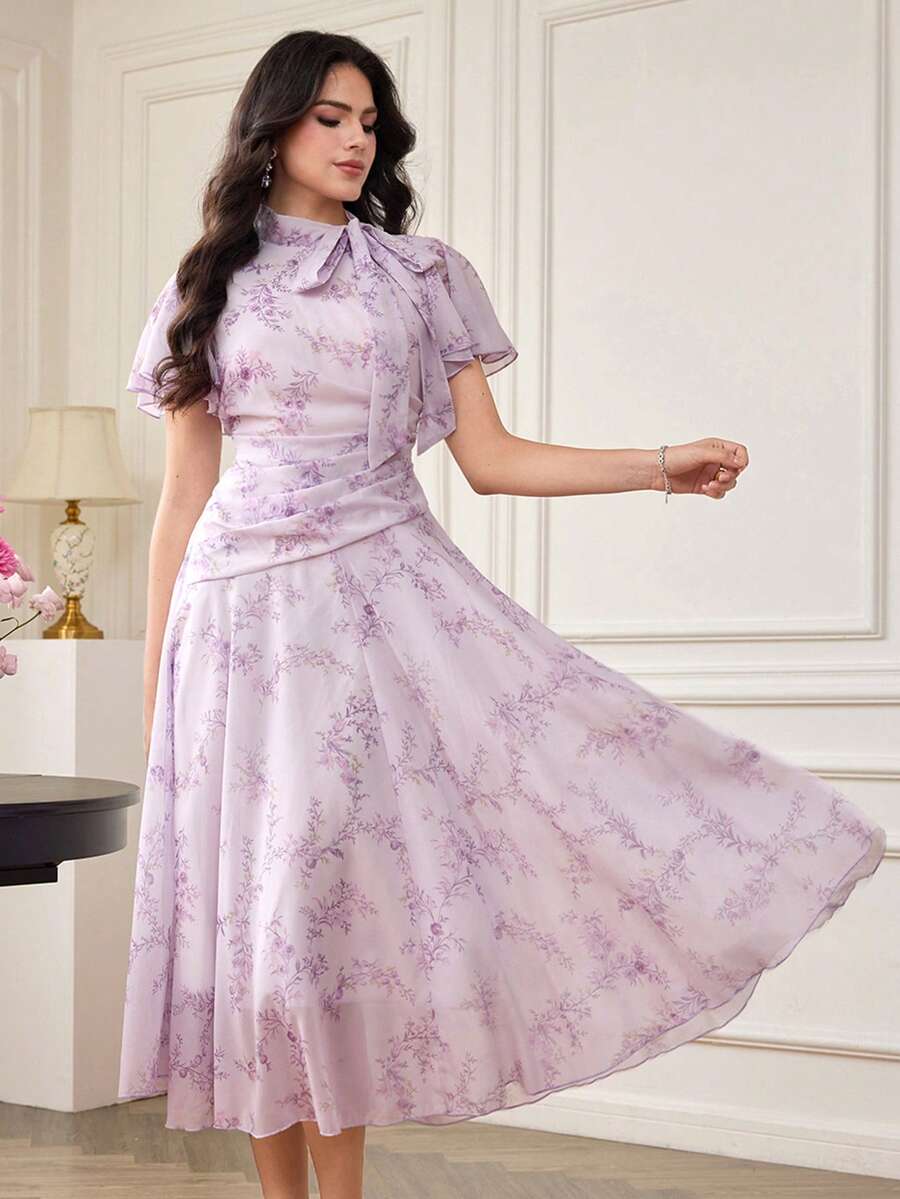 Modelyn Đầm xòe in họa tiết, xếp ly, thắt eo dành cho nữ - Màu tím hoa cà - Xem 1
