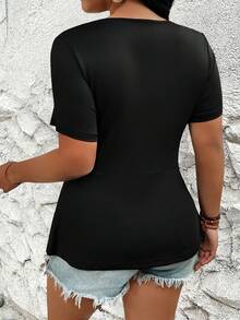 SHEIN CURVE+ Plus Size Women's Front Twist Ruched V-Neck Short Sleeve T-Shirt, Summer Tee Date Night Black - Black - View 2