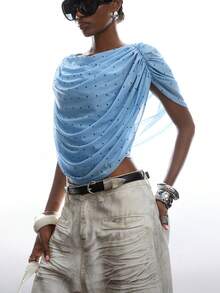 LYSMO 女士性感休闲度假风波点印花露背宽松短款上衣，夏季 - 淺藍色 - 查看 8