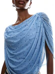 LYSMO 女士性感休闲度假风波点印花露背宽松短款上衣，夏季 - 淺藍色 - 查看 9