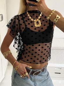 Siren Gaze Áo kiểu nữ chấm bi lưới cổ đứng viền bèo nhún xuyên thấu gợi cảm - màu đen - Xem 10