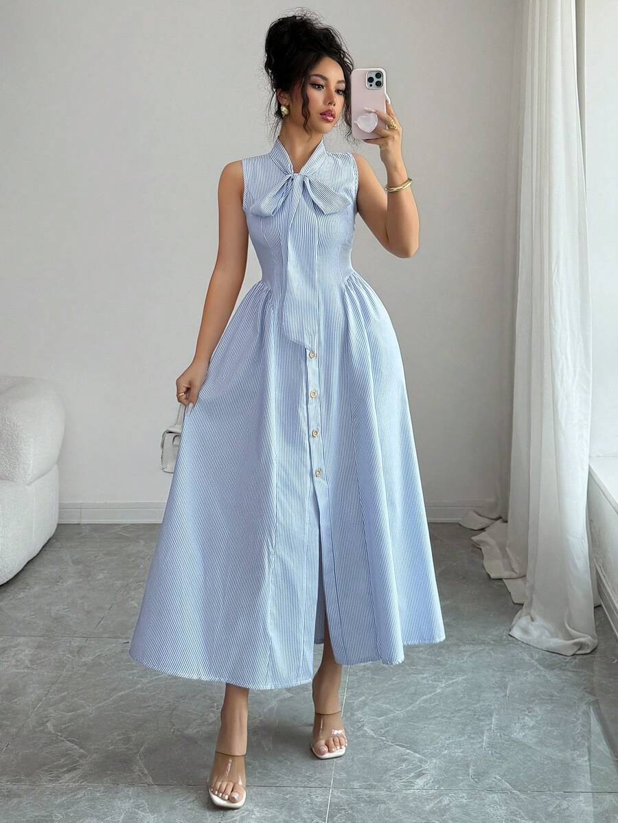 Elenzga Women's Striped Tie-Up Button Hem Slit Dress, Elegant And Graceful - Blue - View 1
