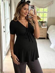 Maternity V-Neck Short Sleeve Solid-Color T-Shirt, Simple And Fashionable For Summer Black - Black - View 4
