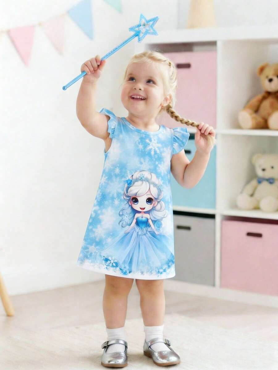 SHEIN 女婴夏季无袖卡通公主雪花印花圆领时尚公主连衣裙，适合日常外出穿着 - 藍色 - 查看 1
