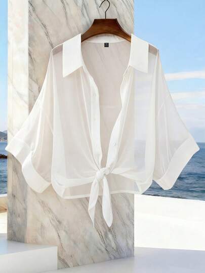 SHEIN Franclia White Chiffon Sheer Collared Tie-Front Casual Vacation Sun Protection Woven Blouse Summer Clothes For Women