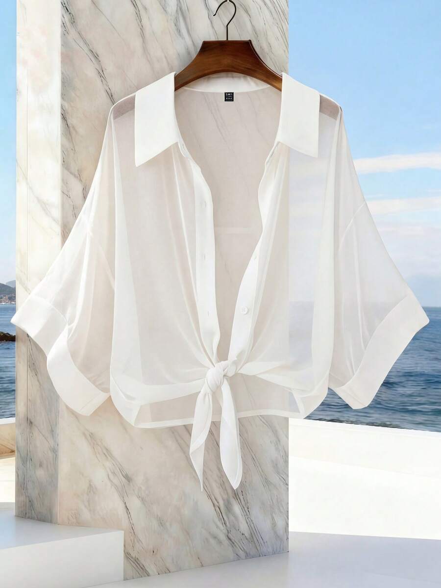 SHEIN Franclia Áo kiểu voan trắng mỏng nhẹ, cổ bẻ, thắt nơ phía trước, thích hợp mặc đi nghỉ mát, chống nắng, chất liệu dệt kim, dành cho nữ, mùa hè. - trắng - Xem 1