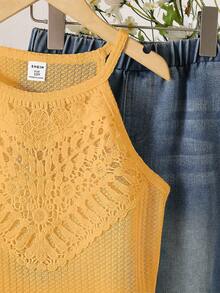 Girls' Vacation Beach Countryside Summer Crochet Lace Halter Crop Top - Yellow - View 3