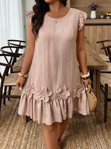 SHEIN Frenchy Vestido de mujer talla grande de unicolor con cuello redondo, mangas cortas, decoración floral y volantes en el bajo - Albaricoque - Ver 1