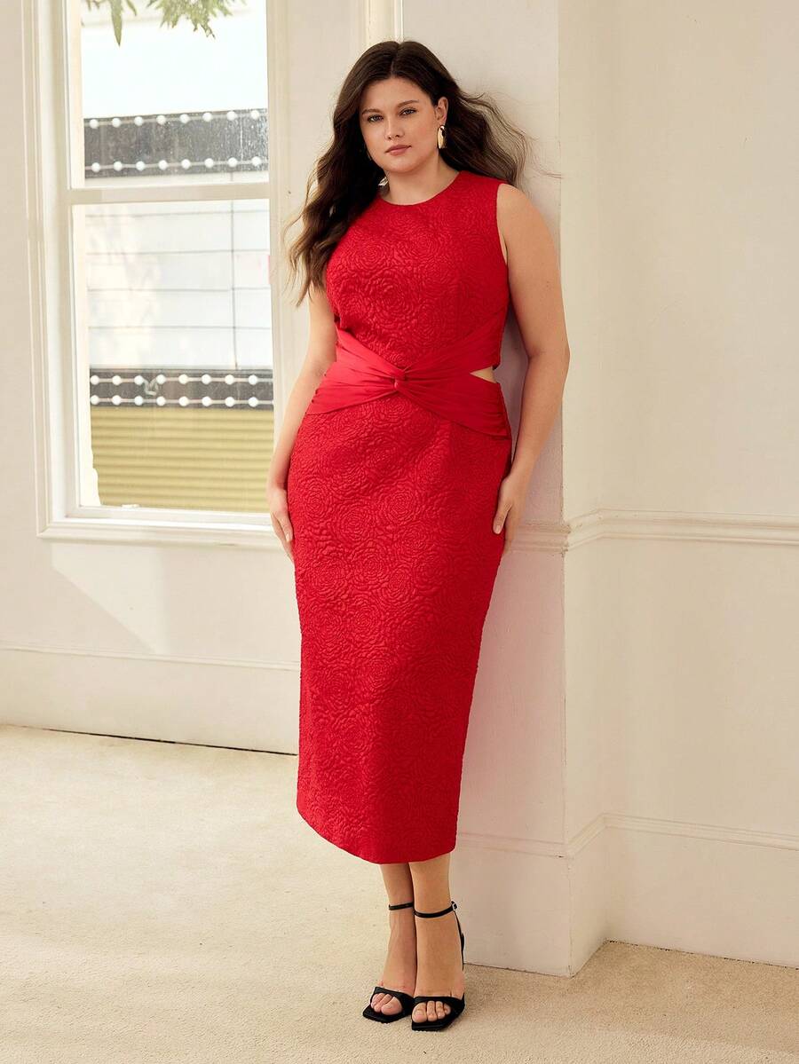 MOTF PREMIUM PLUS JACQUARD CONTRAST SATIN HOLLOW-OUT WAIST ELEGANT MID-LENGTH DRESS - Red - View 2