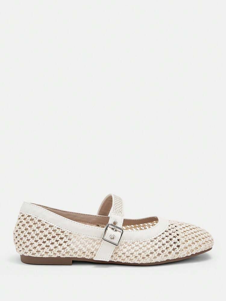 CUCCOO CURVES Women Shoes Wide Fit Outdoor Women's Square Toe Flat Bottom Beige Straw Fabric Stylish Simple Comfortable Breathable Daily Party Casual Holiday Buckle Shoes Plus Size