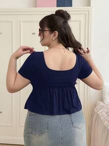 CovetEZ 大码女式休闲方领短袖黑色T恤上衣，夏季 - 藏蓝色 - 查看 2