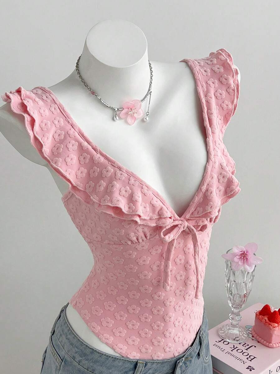 Elamini Women's Sweet Floral Flocked Ruffle Trim Bodysuit, Summer - Pink - View 1