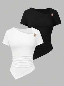 Áo thun ngắn tay bất đối xứng nhiều màu sắc dành cho nữ tuổi teen, cổ lệch, eo nhún và khóa kim loại, thích hợp mặc vào mùa xuân/hè. Thiết kế cổ lệch độc đáo, eo nhún, điểm nhấn khóa kim loại, thể hiện phong cách cá tính, phù hợp cho mặc hàng ngày, dự tiệc, đi học và các dịp khác. - Đen và trắng - Xem 7