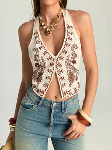 Firerie Chaleco con cuello de halter de patrón floral versátil para outfits de verano bohemios, ropa de estilo bohemio para mujeres - Beis - Ver 3