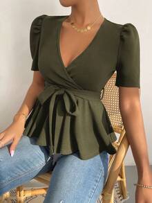 EMERY ROSE Summer Casual Solid Color Puff Sleeve T-Shirt With Belt Date Army Green - Army Green - View 6