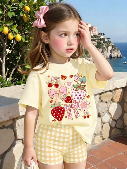 SHEIN Bộ 2 món cho bé gái, gồm áo thun ngắn tay in hình dâu tây, nơ và hoa, cùng quần short kẻ caro vàng trắng, thích hợp cho các hoạt động mùa hè.