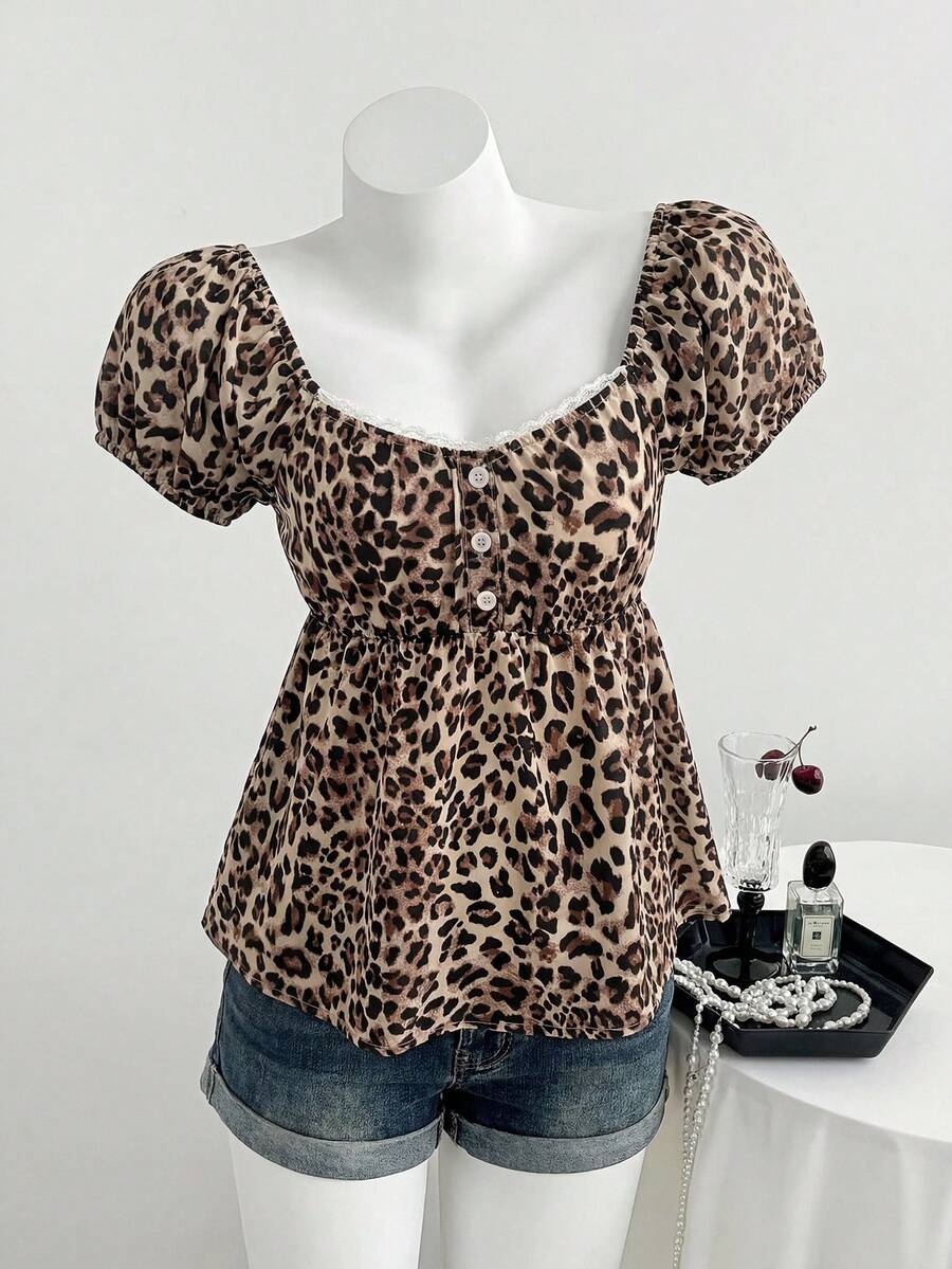 SHEIN Teen Girl Leopard Print Lace Patchwork Button-Up Fashionable Shirt - Brown - View 1