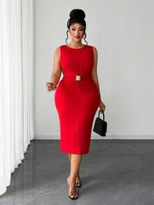 Maweii Plus Size Women's Red Summer Elegant Satin Party Dress,Sleeveless Boat Neck Ruched Waist Metal Button Mid-Length Bodycon Pencil Reception Outfit - Red - View 6