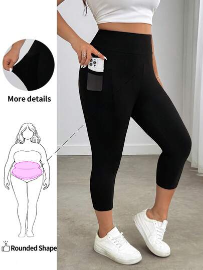 Enliva Plus Size Casual Solid Color High Waisted Side Pocket Capri Leggings Plus Size Pants For Women, For Apple And Rounded Body Shape