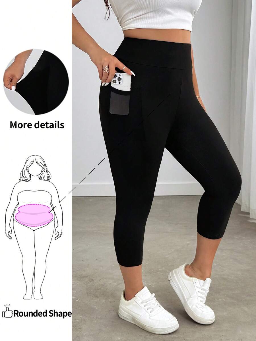Enliva Plus Size Casual Solid Color High Waisted Side Pocket Capri Leggings Plus Size Pants For Women, For Apple And Rounded Body Shape - Black - View 1