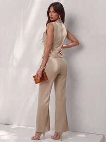 Glamine Bộ đồ công sở nữ thời trang thường ngày gồm áo vest và quần tây (2 món) - Màu Khaki - Xem 6