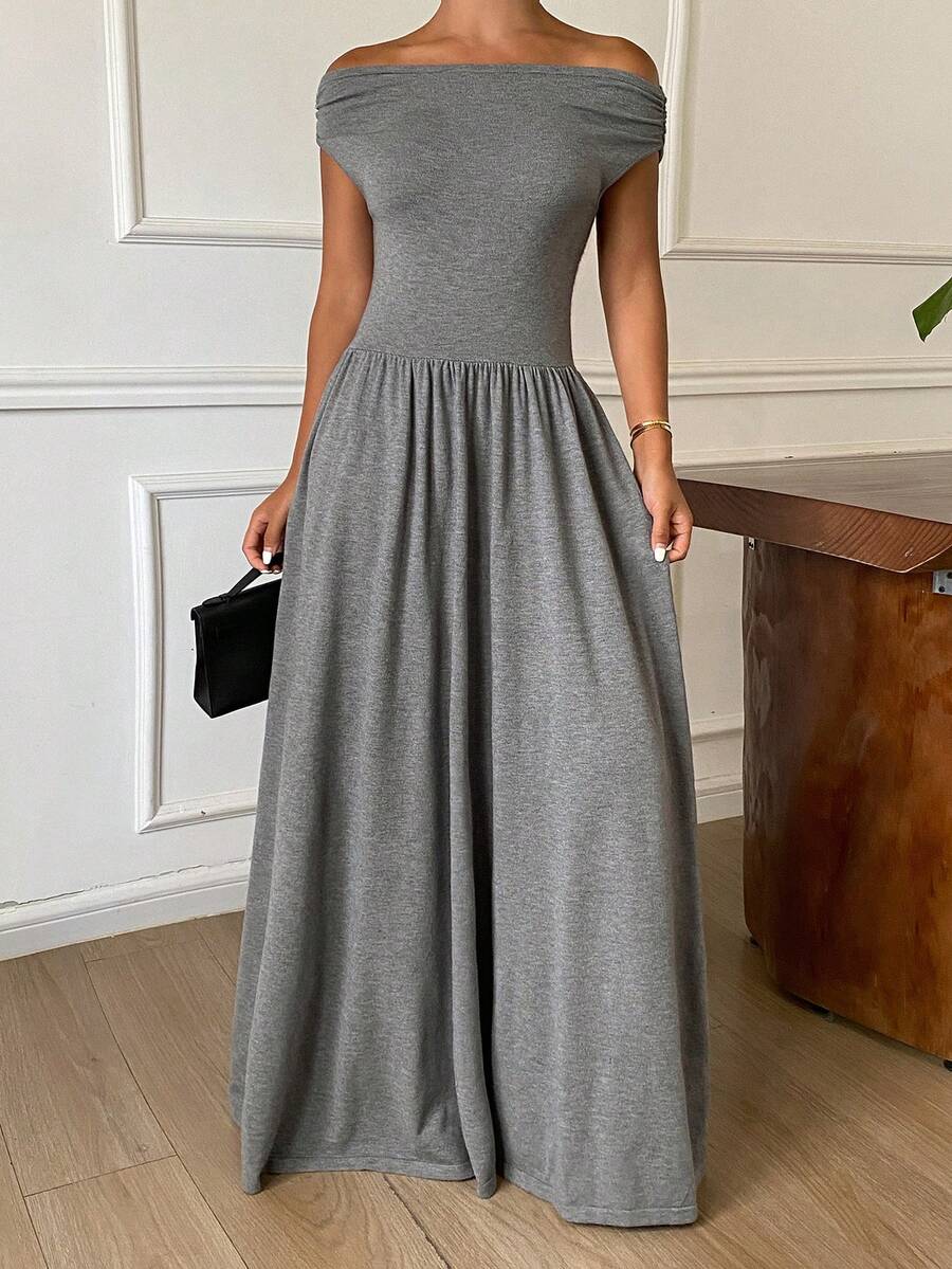 DAZY 女士单肩修身A字连衣裙，优雅针织毛衣裙，适合通勤、春夏穿着 - 灰色 - 查看 1