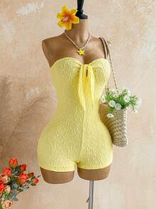 Soleia 女士春夏度假白色针织纹理系带抹胸连体裤，性感浪漫派对、约会、情人节、嘉年华、海滩游轮、下午茶 - 淡黃色 - 查看 3