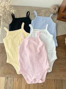 SHEIN LMoss Kids 5pcs/Set Newborn Baby Girl Cute Solid Color Knitted Romper Outfit, Summer - Multicolor - View 4