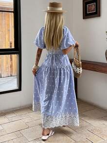 DAZY 休闲度假风刺绣蓝色连衣裙，春夏款 - 藍色 - 查看 2