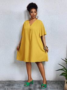 Slaydiva Nuevo vestido casual/de negocios casual elegante de Pascua/Occidental para mujer con mangas cortas, cuello en V de gasa, mangas sueltas con volantes - Amarillo - Ver 13