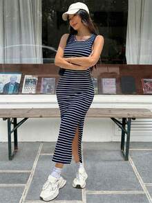 SHEIN EZwear EZwear 女士条纹露背侧开衩中长连衣裙，藏蓝色 - 藏蓝色 - 查看 6