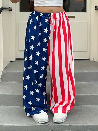 Muchica Pantalones casuales y versátiles para uso diario con estampado de estrella de cinco puntas y rayas, con cintura con cordón para mujer de talla grande