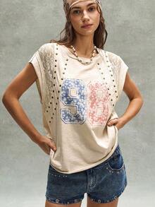 Bohemela 女款休閒波西米亞風素色針織拼接蕾絲圓領寬鬆短袖T恤，夏季上衣鉚釘上衣最新款女上衣新品印花上衣圖案T恤女款旅行米色 - 杏色 - 查看 2