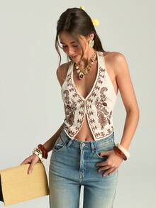 Firerie Chaleco con cuello de halter de patrón floral versátil para outfits de verano bohemios, ropa de estilo bohemio para mujeres - Beis - Ver 7