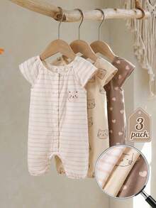 3 Pack Toddler Girls Clothes Baby Infant Newborn Girly Era Nordic Natural Countrycore Vintage Graphic Cat Heart Striped Short Sleeve Button Up Soft Romper Jumpsuit Bodysuit Playsuit Sets Outfit Sets Summer Spring Casual Vacation Party Clothing Apparels Neutral Baby Clothes Unisex Baby Clothes Baby Clothes Outfit Set Baby Essential Clothes - Multicolor - View 10