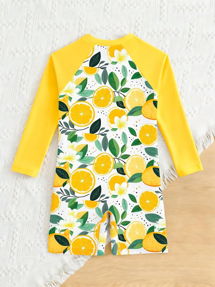 Baju Renang Romper Lengan Panjang Motif Lemon & Bunga untuk Liburan Santai Anak Perempuan, Bahan Rajut, Cocok untuk Pantai & Kolam Renang - MultiWarna - View 1