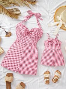 Mommy & Me Cute Plaid Bow Strap Romper For Summer - Hot Pink - View 8
