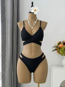 SHEIN Swim Conjunto de bikini para mujer de unicolor con tiras cruzadas separado, para playa de verano - Negro - Ver 7