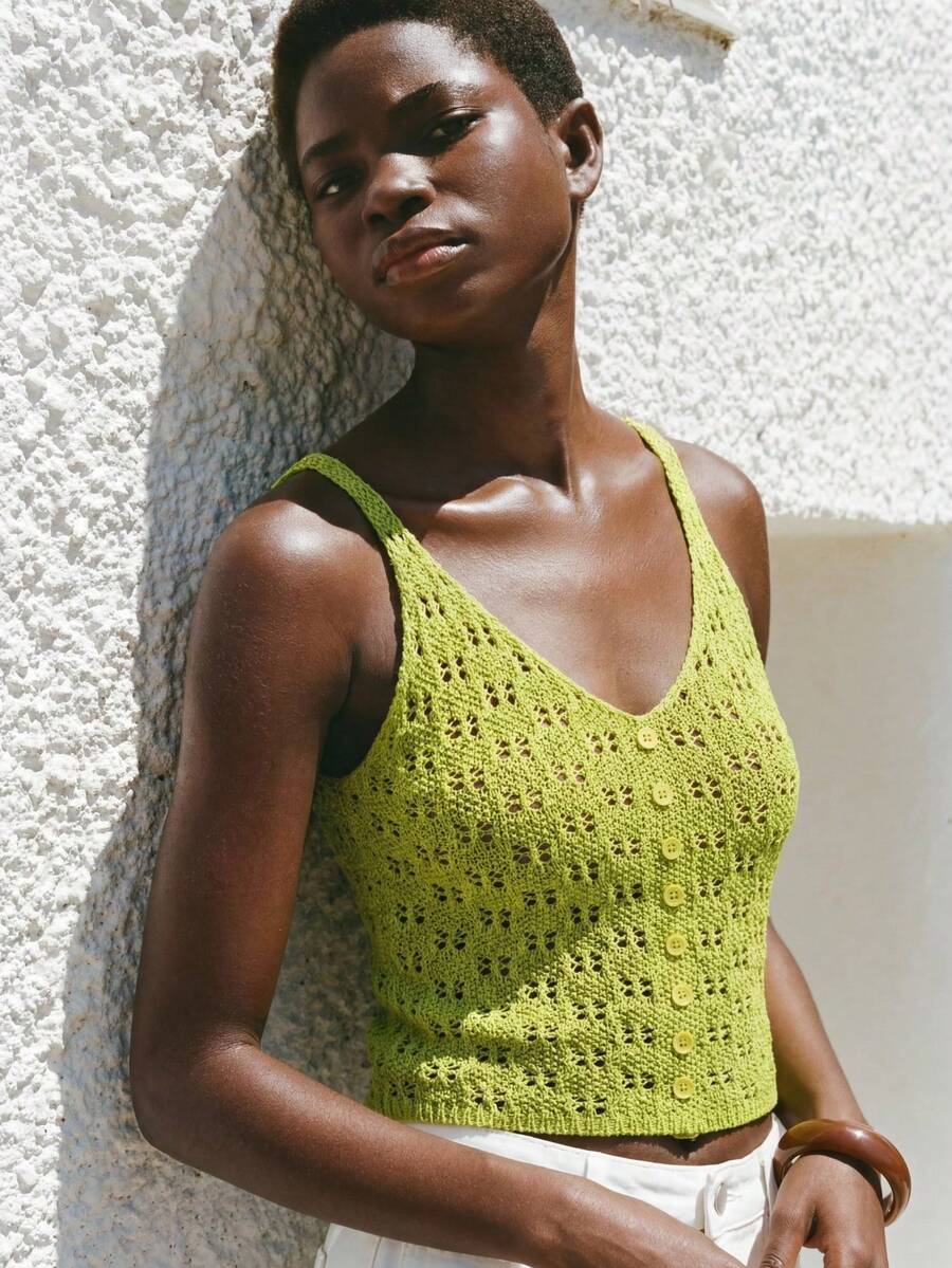 Áo Cami dệt kim cổ chữ V khoét lỗ cài nút phía trước MAIJA Vacation - màu xanh lá - Xem 1