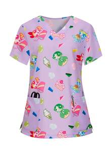 PopScrub THE POWERPUFF GIRLS X SHEIN 女士甜点印花V领短袖医用工作服，卡通IP联名款 - 彩色 - 查看 9