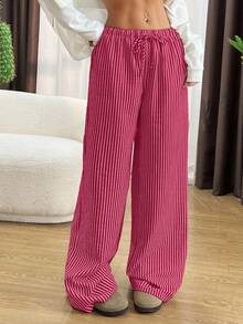SHEIN EZwear 玫瑰红条纹印花休闲日常女裤，春夏款 - 玫紅色 - 查看 5